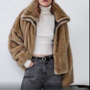 Zara Faux Fur High Collar Full Zip Jacket. Size L